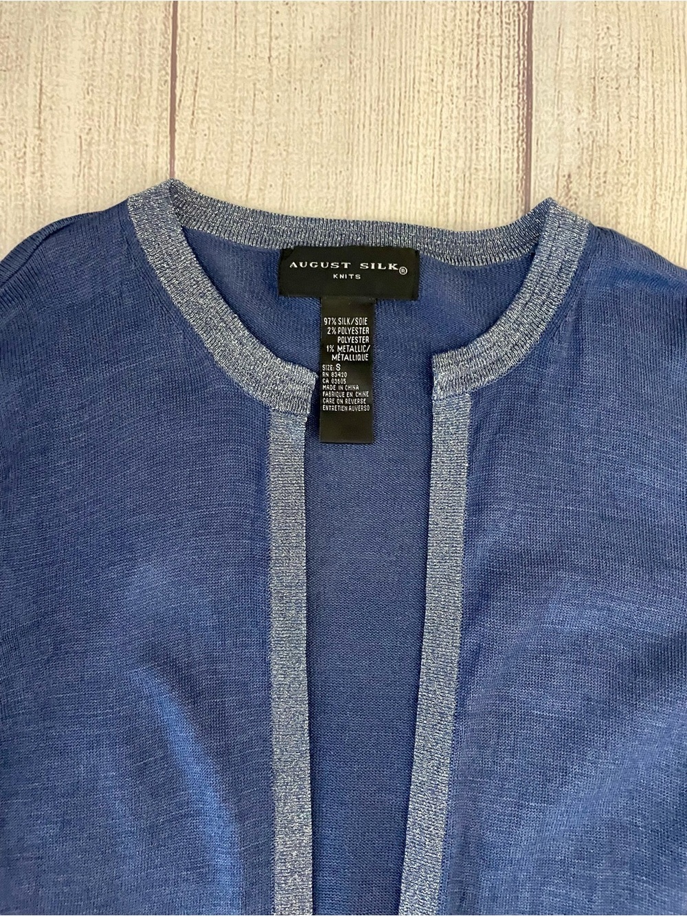 AUGUST SILK Women’s Vintage Open-Front Silk Cardigan Blue w/Trim Size Small - Picture 2 of 8